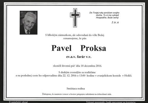 Zomrel brat farár ThB. Pavel Proksa