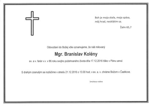 Zomrel brat farár Mgr. Branislav Kolény