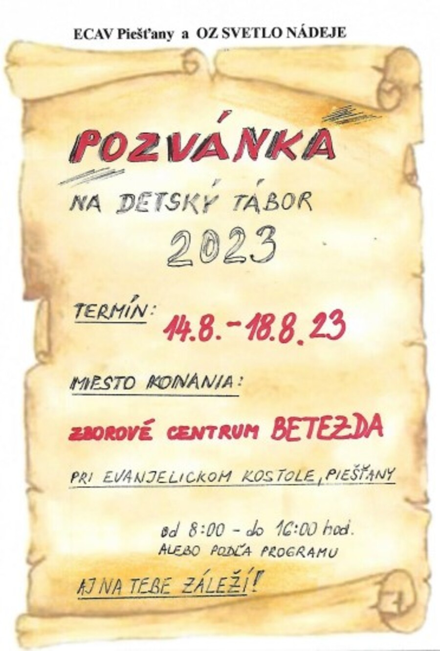Pozvánka na tábor v Piešťanoch