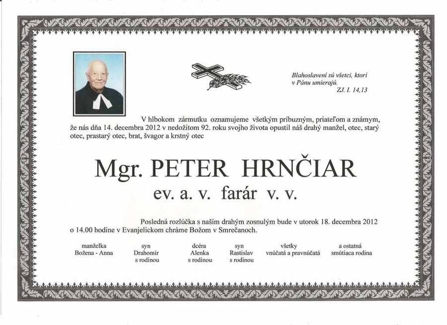 Zomrel brat farár Mgr. Peter Hrnčiar