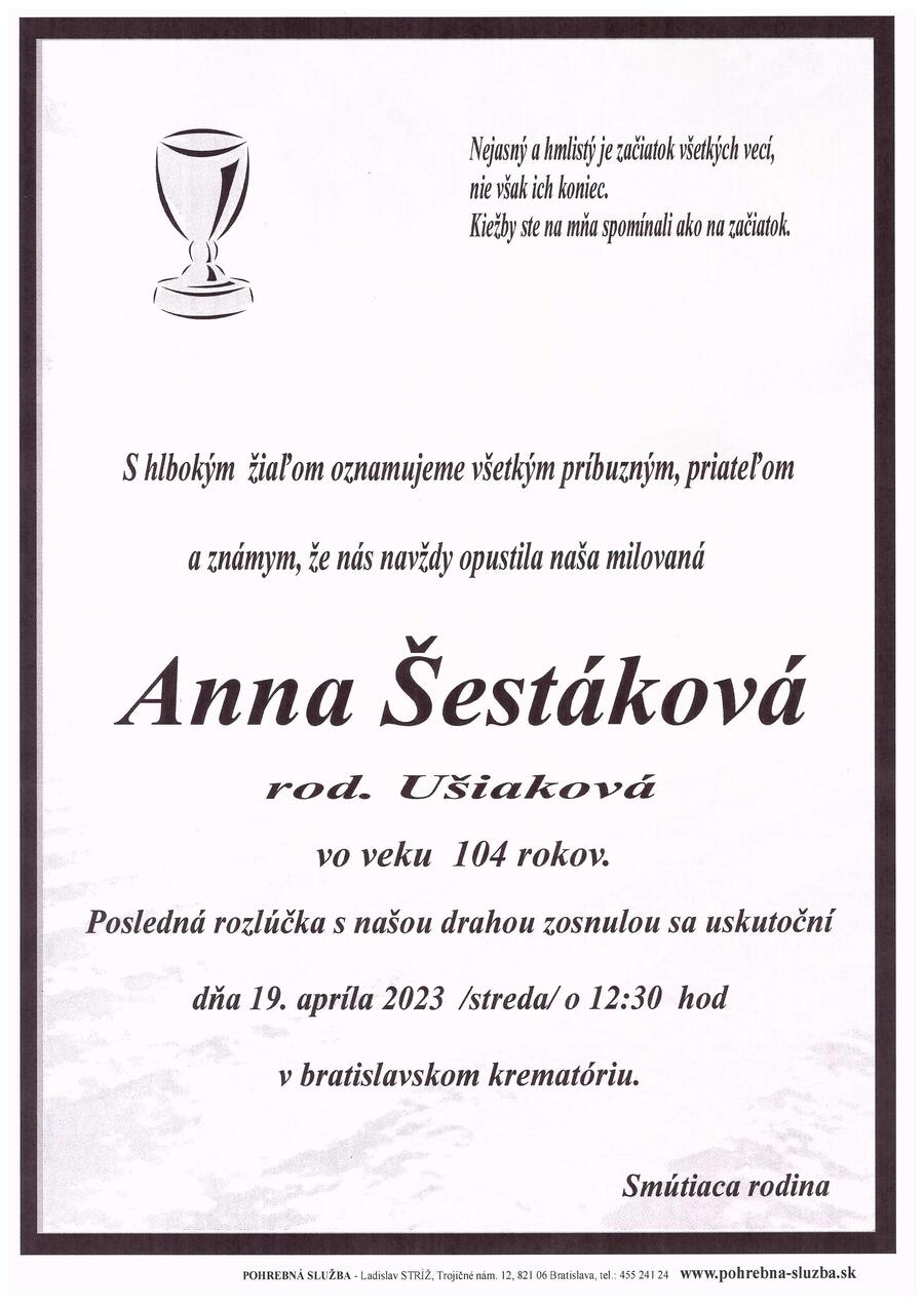 Zomrela Anna Šestáková