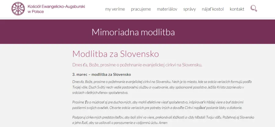 Modlitba Evanjelickej cirkvi a. v. v Poľsku- za Slovensko