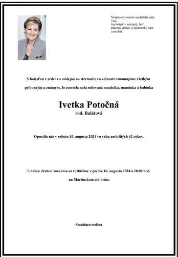 Zomrela Ivetka Potočná