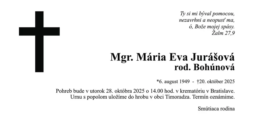 Zomrela sestra Mária Eva Jurášová