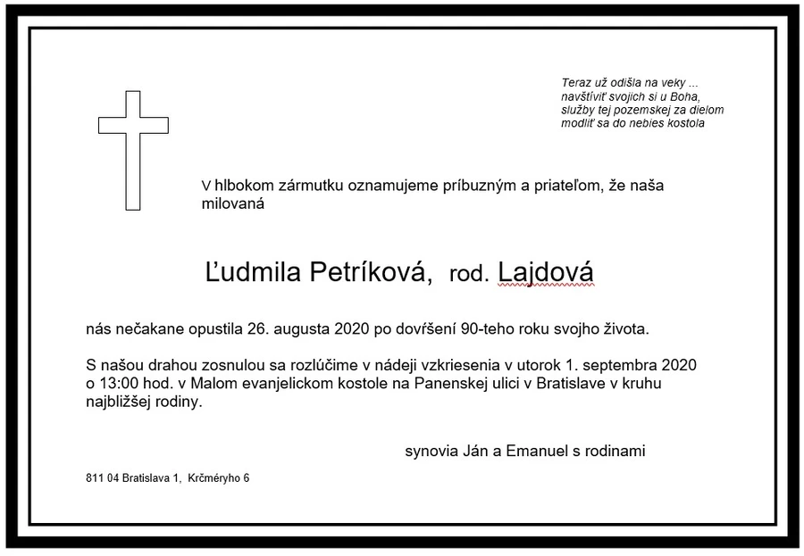 Aktualizovaný oznam o pohrebe sestry Petríkovej