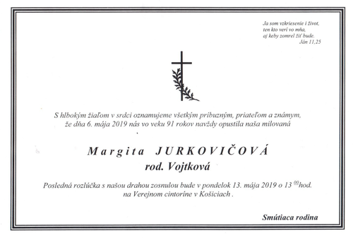Zomrela sestra Margita Jurkovičová, rod. Vojtková
