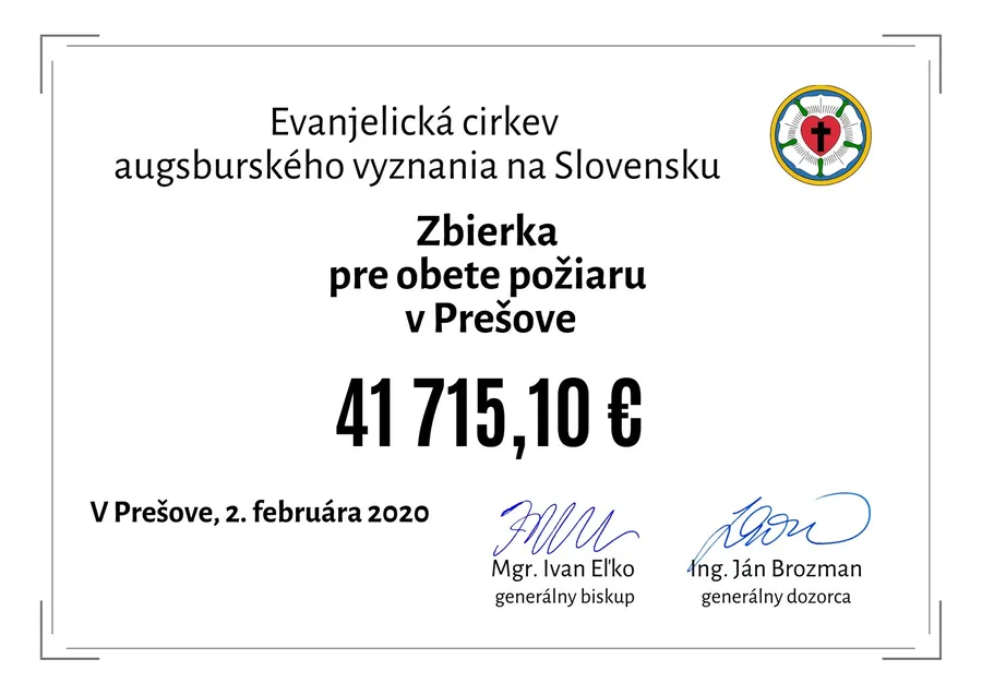 Evanjelici pomohli Prešovčanom sumou viac ako 41 tisíc eur