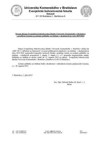 Predĺženie termínu na podanie prihlášky na štúdium na EBF UK v akad. roku 2015-16