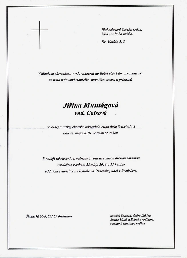 Pohrebná rozlúčka so sestrou Jiřinou Muntágovou
