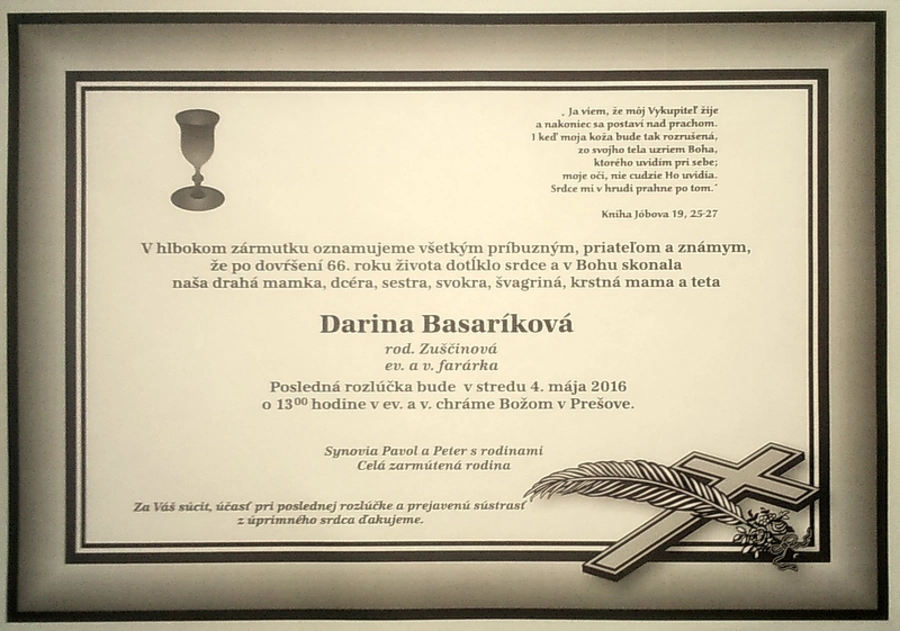 Zomrela sestra farárka Mgr. Darina Basaríková 