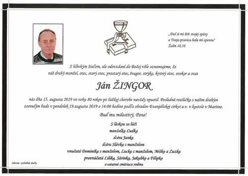 Opustil nás Ján Žingor