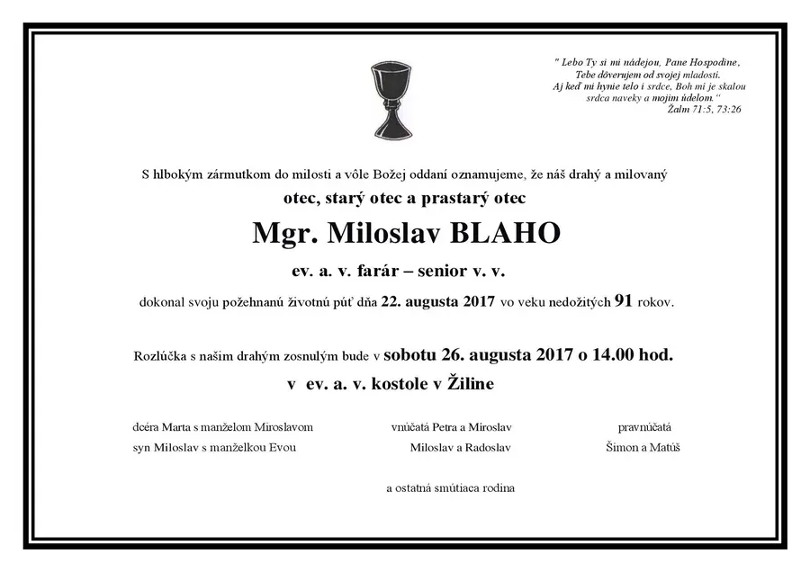 Pohrebná rozlúčka s bratom farárom – seniorom v. v.  Mgr. Miloslavom Blahom