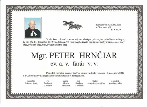 Zomrel brat farár Mgr. Peter Hrnčiar