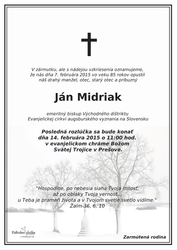 Umrel brat emeritný dištriktuálny biskup VD ECAV na Slovensku Mgr. Ján Midriak