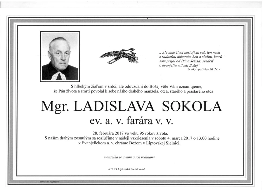 Zomrel brat farár Mgr. Ladislav Sokol 