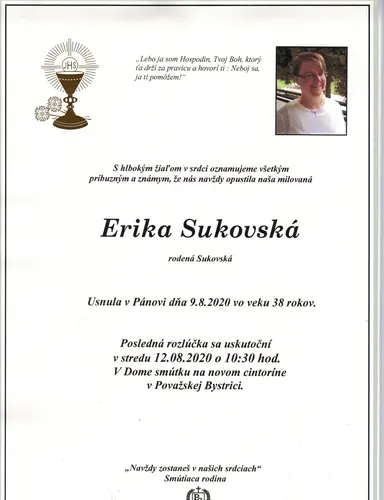 Zomrela Erika Sukovská