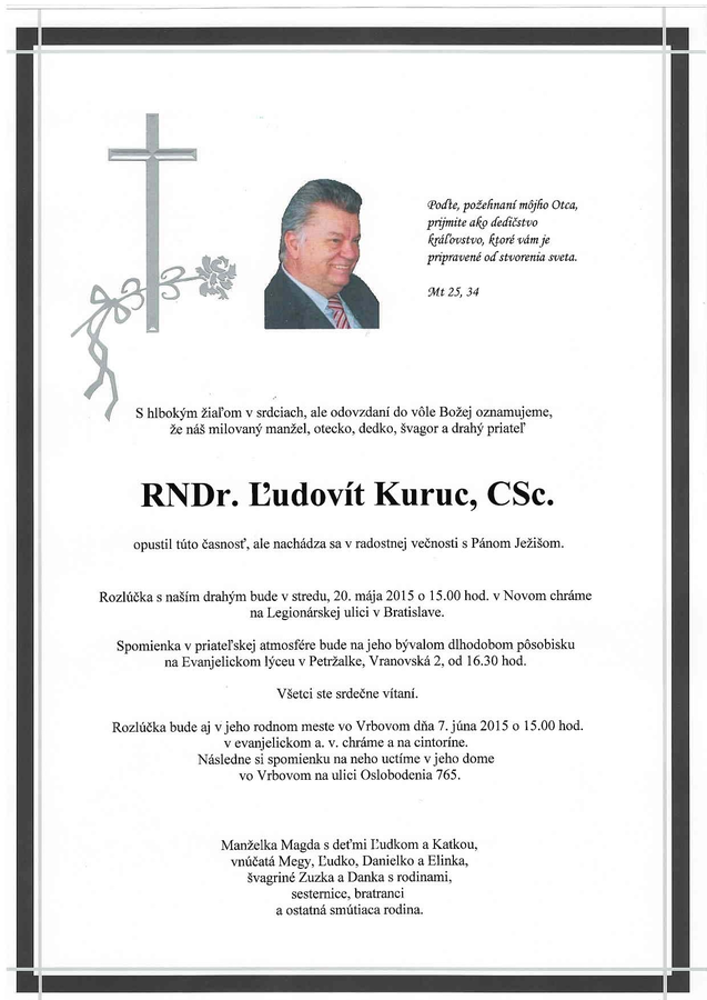 Zomrel RNDr. Ľudovít Kuruc