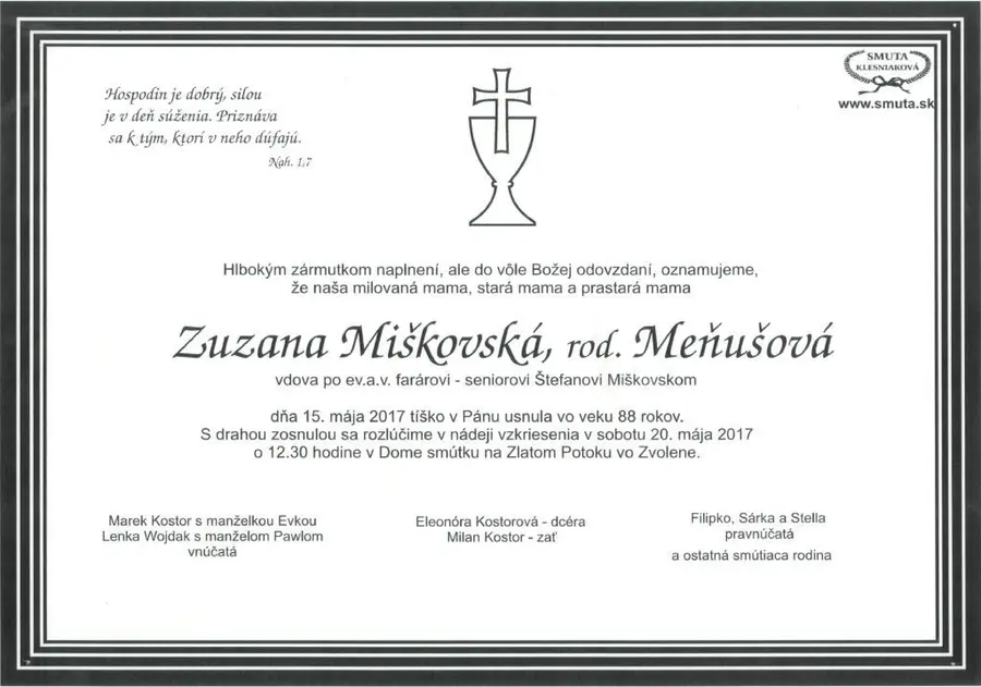 Pohrebná rozlúčka so sestrou Zuzanou Miškovskou