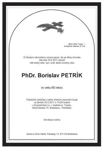 Pohrebná rozlúčka s bratom PhDr. Borislavom Petríkom