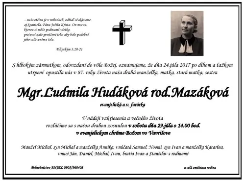 Pohrebná rozlúčka so sestrou farárkou Mgr. Ľudmilou Hudákovou