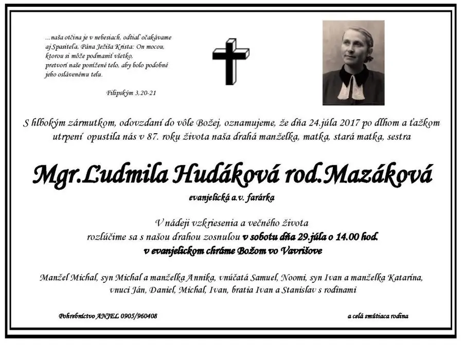 Pohrebná rozlúčka so sestrou farárkou Mgr. Ľudmilou Hudákovou
