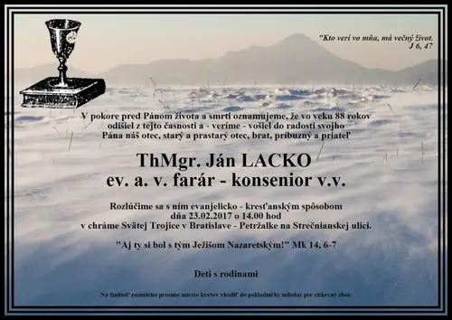 Zomrel brat farár ThMgr. Ján Lacko