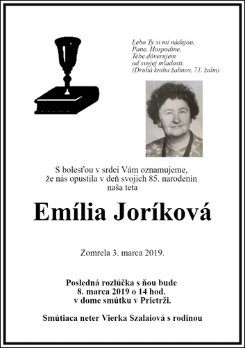 Zomrela sestra Ing. Emília Joríková
