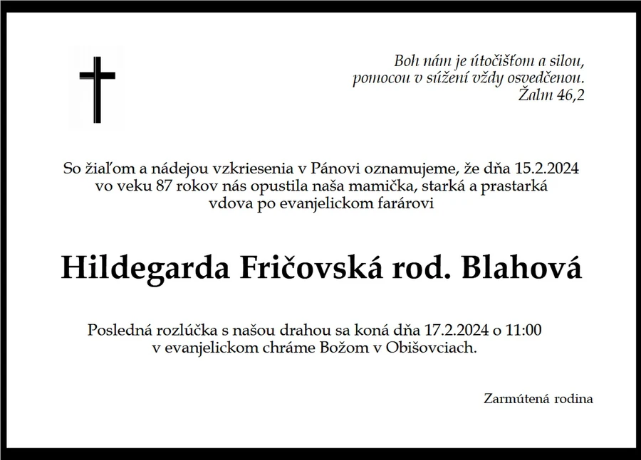 Posledné zbohom sestre Hildegarde Fričovskej 